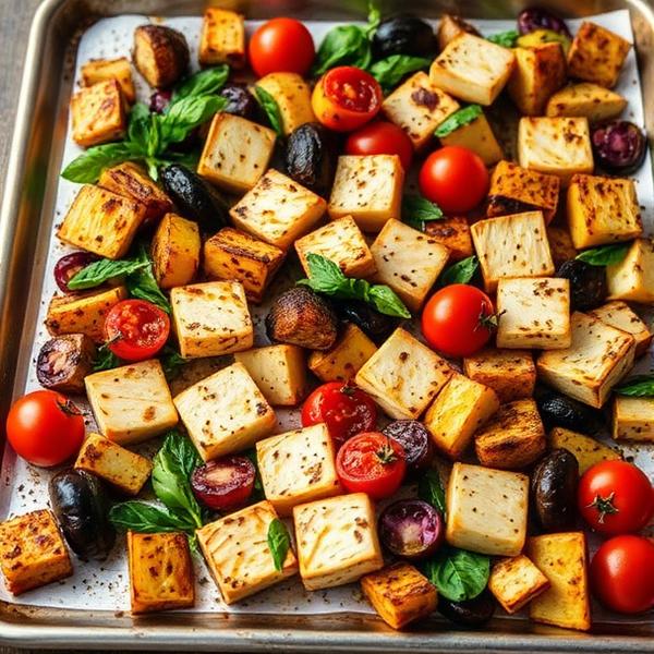 Sheet pan of roasted vegetables and halloumi